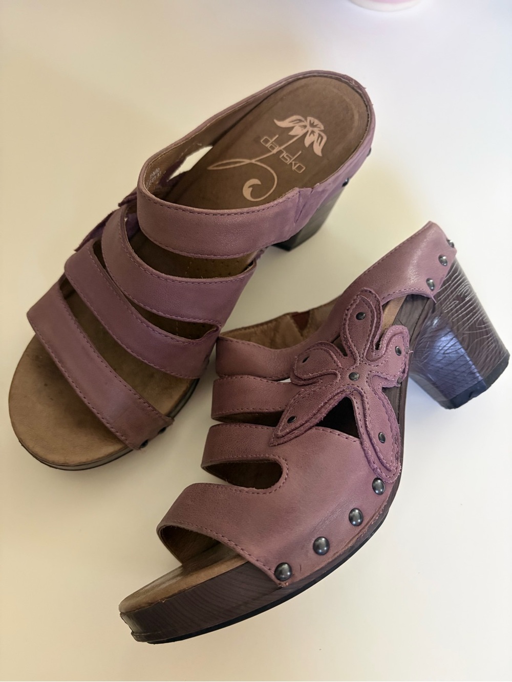 Dansko Mauve Leather Floral-Accent Block Heel Mules